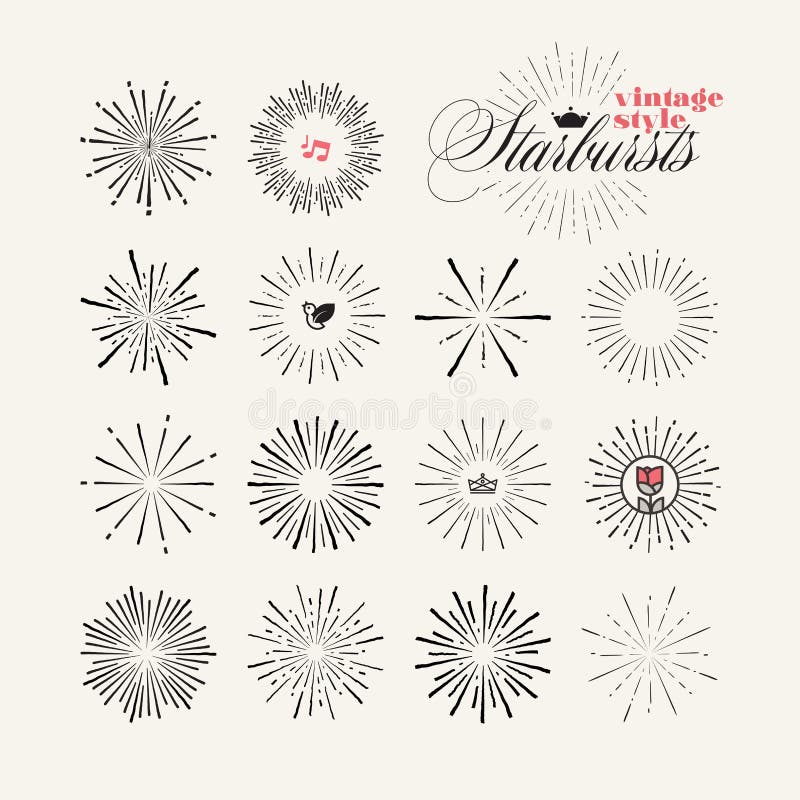 Raccolta degli elementi disegnati a mano dello starburst d'annata di stile illustrazione di stock Raccolta degli elementi disegnati a mano dello starburst d'annata di stile illustrazione di stock