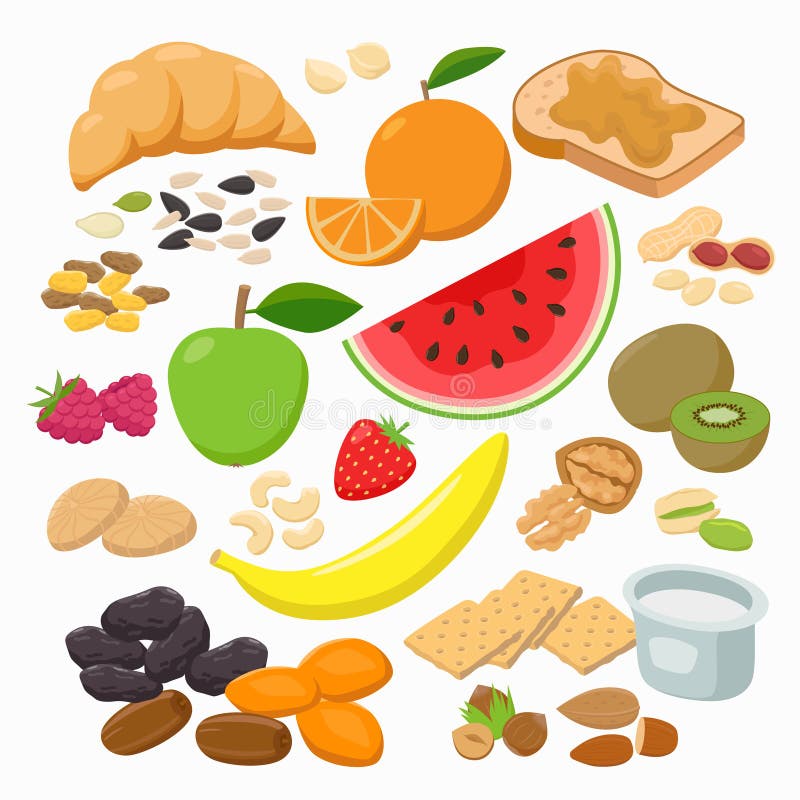 Raccolta degli spuntini sani isolati su fondo bianco Illustrazione sana di vettore degli alimenti nella progettazione piana illustrazione di stock Raccolta degli spuntini sani isolati su fondo bianco Illustrazione sana di vettore degli alimenti nella progettazione piana illustrazione di stock