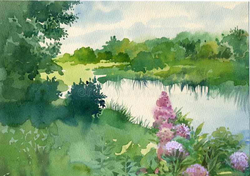 Raccolta del paesaggio dell'acquerello: Vicino al fiume royalty illustrazione gratis