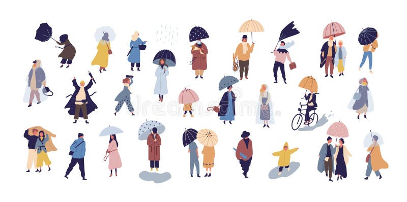 Raccolta della gente che cammina sotto l'ombrello il giorno piovoso di autunno isolato su fondo blu Folla degli uomini e delle do illustrazione di stock
