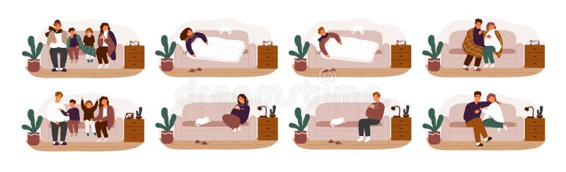 Raccolta della gente malata o malata e recuperata sul sofà o sullo strato Pacco degli adulti e dei bambini che hanno influenza, c illustrazione vettoriale Raccolta della gente malata o malata e recuperata sul sofà o sullo strato Pacco degli adulti e dei bambini che hanno influenza, c illustrazione vettoriale
