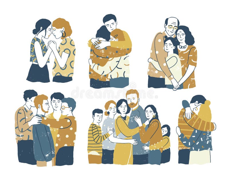 Raccolta della gente sorridente adorabile che sta insieme e che si abbraccia, stringente a sé ed abbracciantesi Accettazione, amo illustrazione vettoriale Raccolta della gente sorridente adorabile che sta insieme e che si abbraccia, stringente a sé ed abbracciantesi Accettazione, amo illustrazione vettoriale