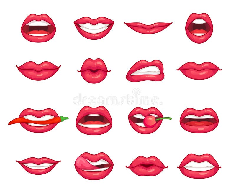 Raccolta delle labbra Bella ragazza labbro che sorride, baciare, mordace pepe, ciliegia e con rossetto Bacio di bellezza del fume