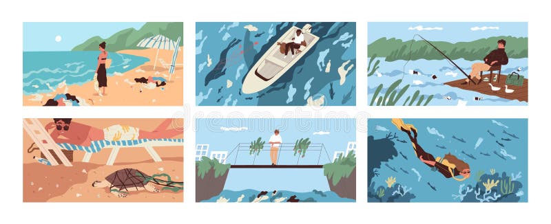 Raccolta delle scene con immondizia e detriti di plastica che galleggiano nel mare, nell'oceano, nel lago o nel fiume o sparso lu royalty illustrazione gratis Raccolta delle scene con immondizia e detriti di plastica che galleggiano nel mare, nell'oceano, nel lago o nel fiume o sparso lu royalty illustrazione gratis