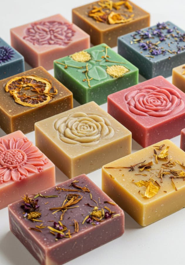 Raccolta di barre di sapone colorate fatte a mano con abbellimento floreale ed erboristico illustrazione di stock