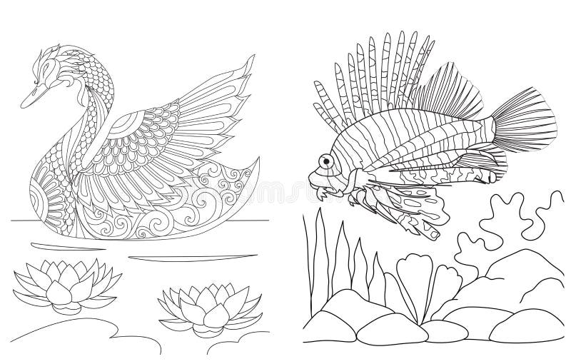 Raccolta di coloritura delle pagine del pesce del leone e del cigno, linea arte semplice per il libro da colorare per l'anti sfor
