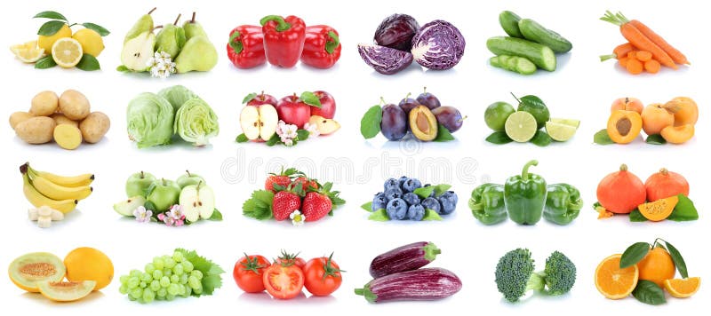 Raccolta di fondo di frutta e verdura isolate con limone di mela pomodori frutta fresca di arancia fotografia stock