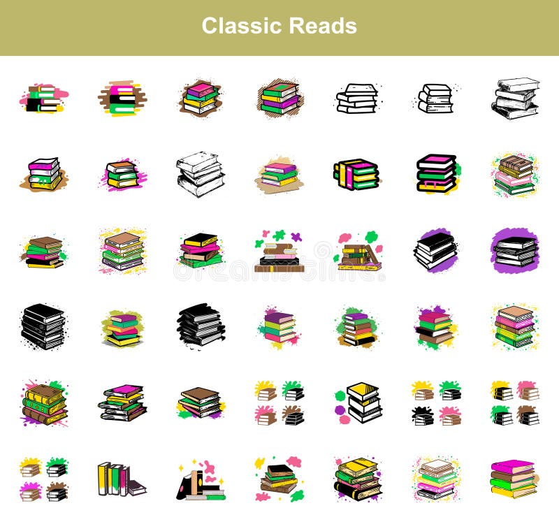 Raccolta di stack di libri assortiti con il modulo artistico per progetti di progettazione illustrazione di stock