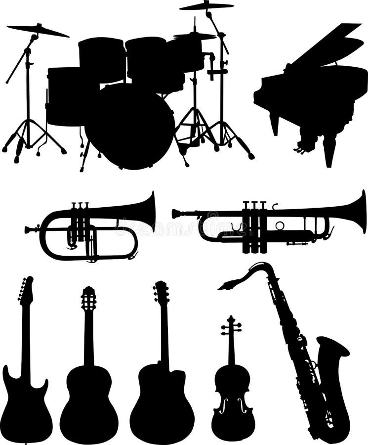 Raccolta di strumenti musicali silhouettes illustrazione di stock