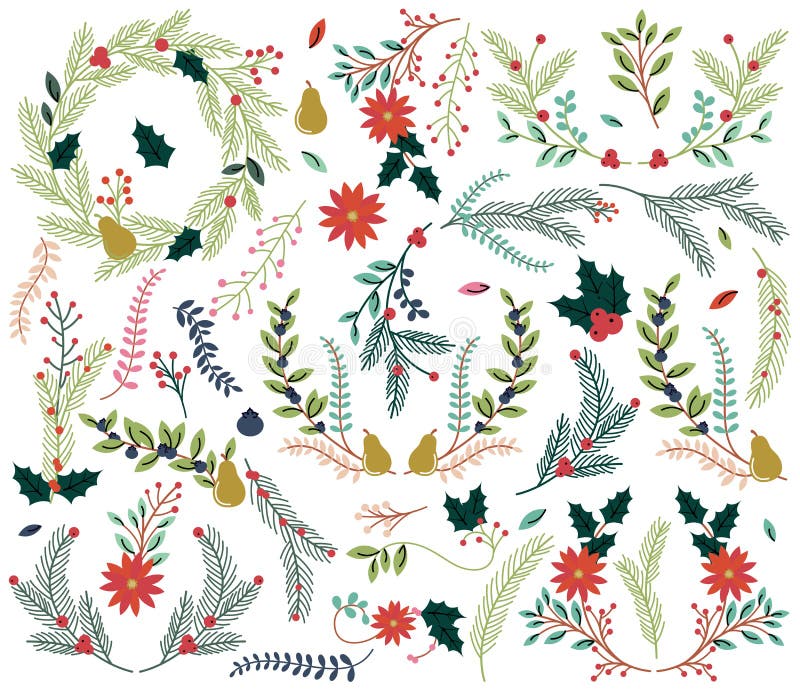 Raccolta di vettore della festa disegnata a mano di Natale di stile d'annata floreale illustrazione di stock Raccolta di vettore della festa disegnata a mano di Natale di stile d'annata floreale illustrazione di stock