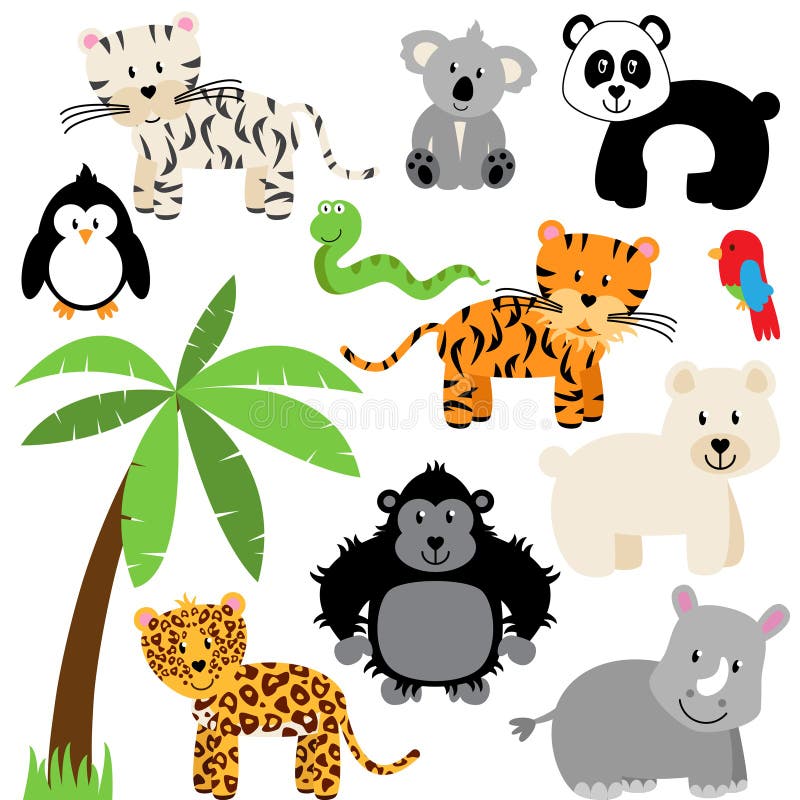 Raccolta di vettore dello zoo, della giungla o degli animali selvatici svegli illustrazione di stock Raccolta di vettore dello zoo, della giungla o degli animali selvatici svegli illustrazione di stock
