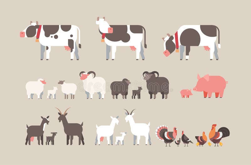 Raccolta differente degli animali domestici dell'animale da allevamento della mucca della capra del maiale del tacchino delle pec illustrazione di stock Raccolta differente degli animali domestici dell'animale da allevamento della mucca della capra del maiale del tacchino delle pec illustrazione di stock