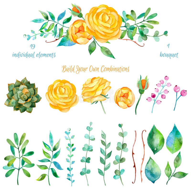 Raccolta floreale variopinta con i fiori + 1 bello mazzo Insieme degli elementi floreali per le vostre composizioni illustrazione di stock
