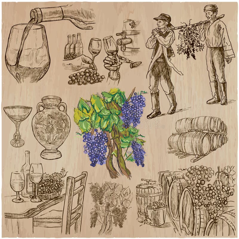 Raccolto del vino, annata - un insieme disegnato a mano di vettore royalty illustrazione gratis Raccolto del vino, annata - un insieme disegnato a mano di vettore royalty illustrazione gratis
