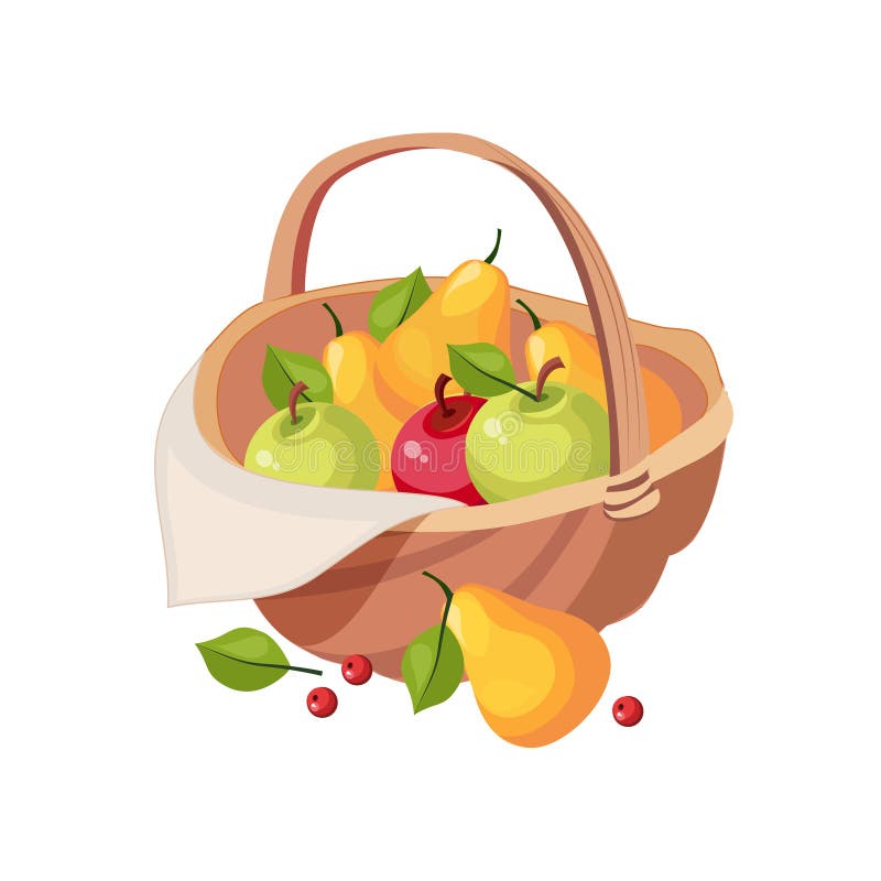Raccolto fresco della frutta del giardino nel canestro di vimini, nell'azienda agricola e nell'agricoltura di picnic dell'illustr illustrazione di stock