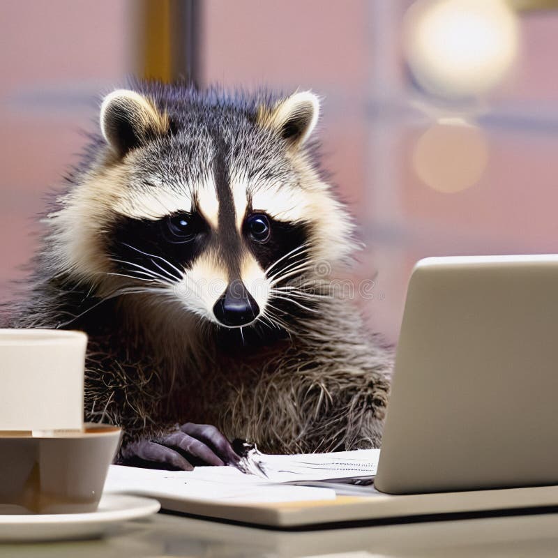 Raccoon in office environment, surrounded by precise filing system stock images