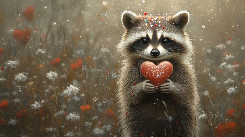 Raccoon sosteniendo el corazón entre flores y confetti. Ai Generado