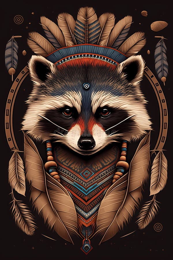 Raccoon wearing Indian war bonnet totem animal design stock photo