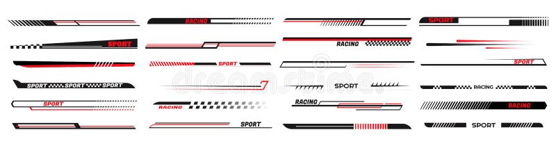 Race car lines. Sport stripes vinyl stickers, racing vehicle tuning and speed line vector set royalty free illustration