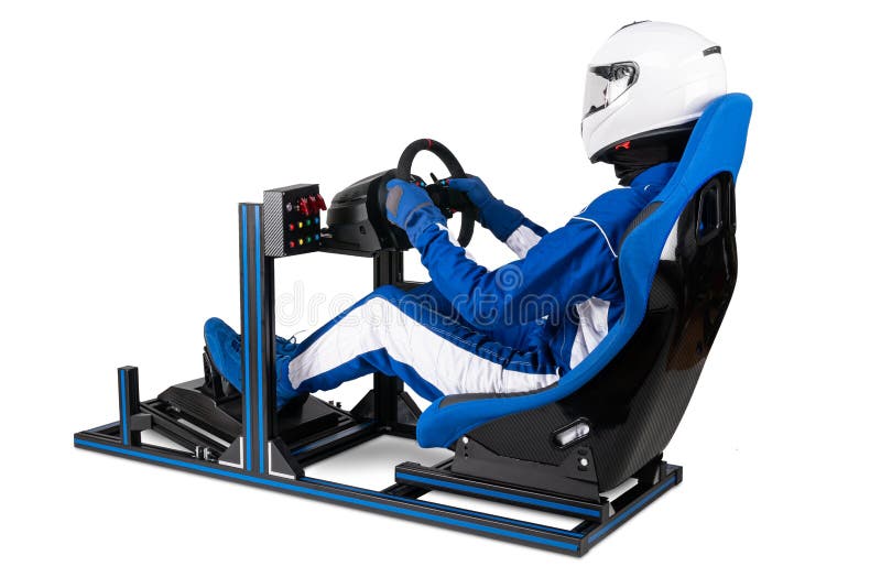 Race driver in blue overall with helmet taining on simracing aluminum simulator rig for video game racing. Motorsport car bucket