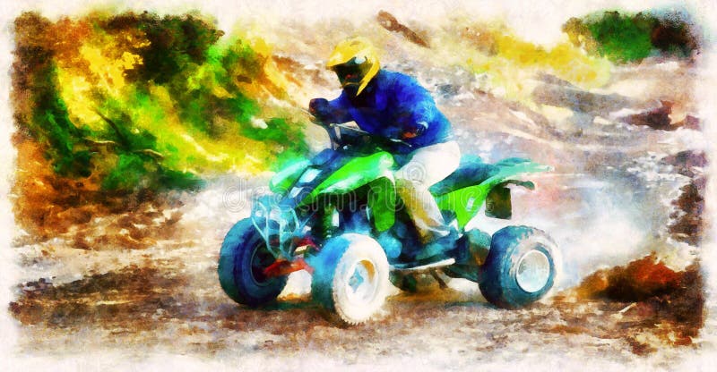 Racer with yellow helmet on green quad enjoying his ride outdoors. Computer painting effect.