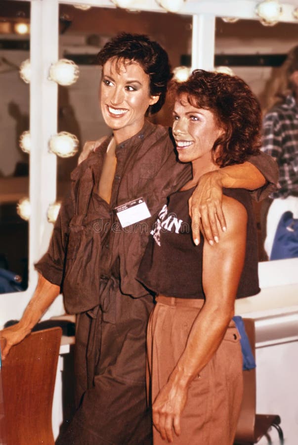 Rachel McLish and Lynn Conkwright Backstage at 1984 Ms Olympia Contest in Montreal