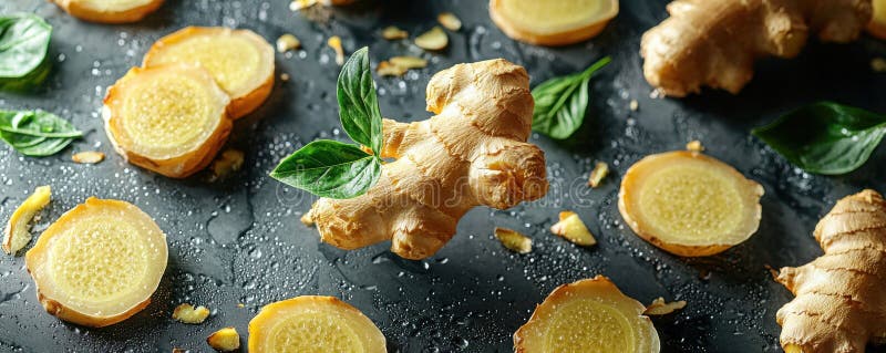 Racines de gingembre frais avec feuilles de basilic sur une surface de cuisine texturée. Vue de dessus des racines de gingembre et des tranches joliment arrangées avec des feuilles de basilic vert sur un fond gris texturé. La couleur vive des ingrédients frais met en valeur leurs propriétés biologiques et naturelles, ce qui rend cette image parfaite pour des sujets comme la cuisine, la santé et le bien-être. IA générée
