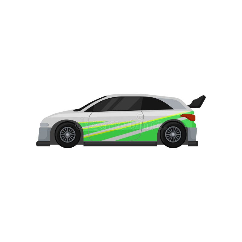 Racing car with tinted windows, spoiler and green stickers. Autosport theme. Flat vector for mobile game or promo poster stock illustration Racing car with tinted windows, spoiler and green stickers. Autosport theme. Flat vector for mobile game or promo poster stock illustration