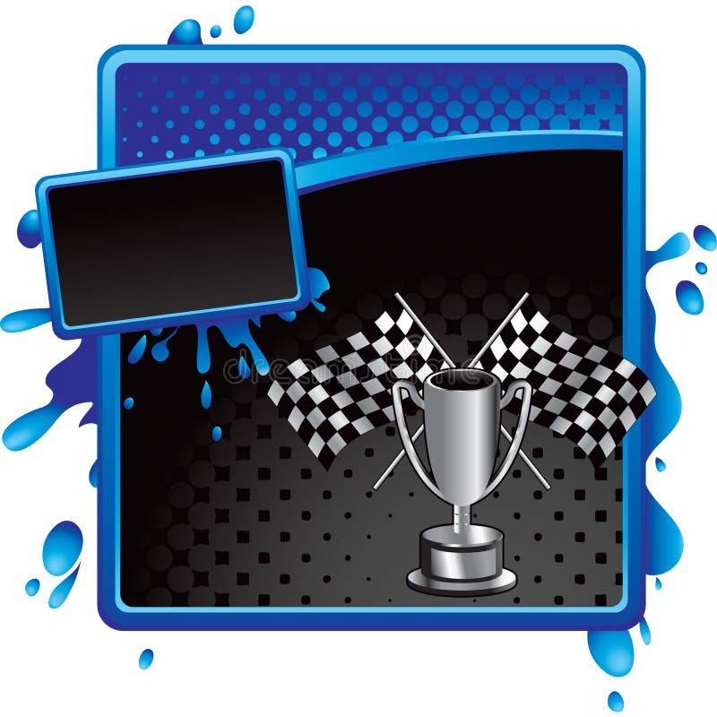 Racing flags and trophy on halftone grungy banner