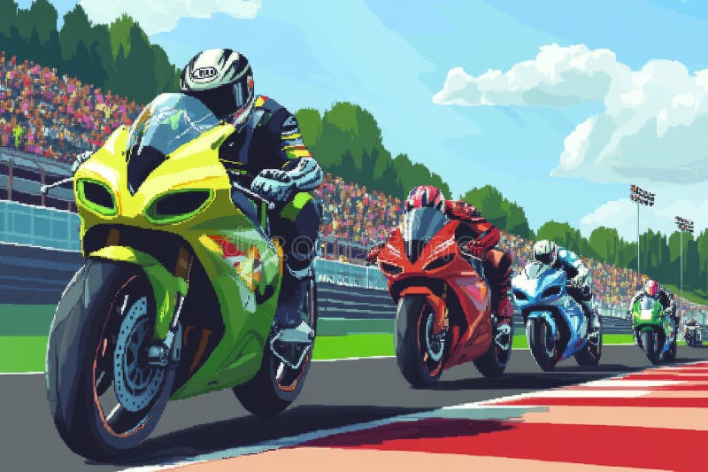 Racing motorbikes on a racetrack, 8-bit pixel art video game scene from a retro computer game. stock photo