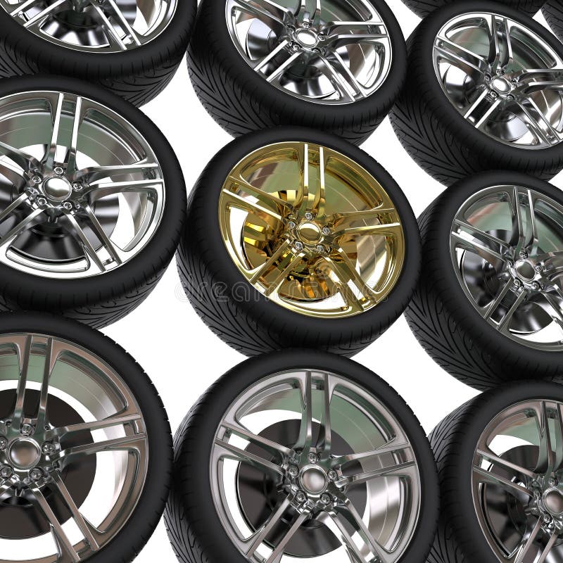 Racing Tires with Chrome and Gold Rims Stock Illustration