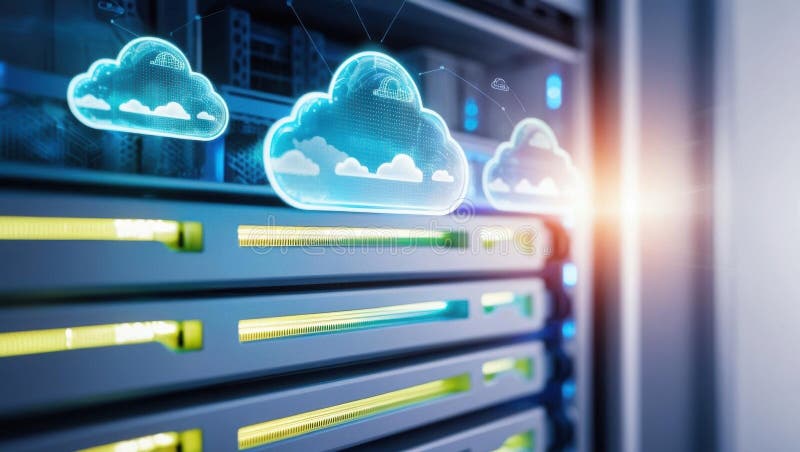 Rack de servidores con iconos en la nube digitales que representan la informática en la nube y la tecnología de almacenamiento de libre illustration