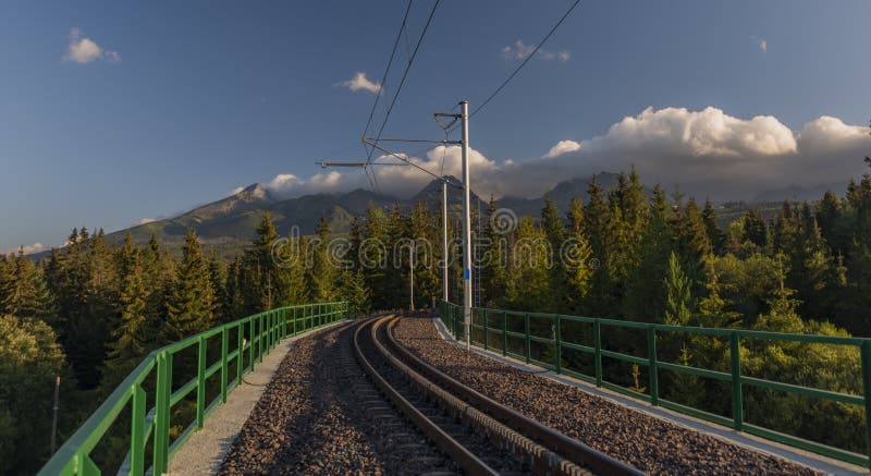 Rack rail in Strba station under Vysoke Tatry mountains in summer