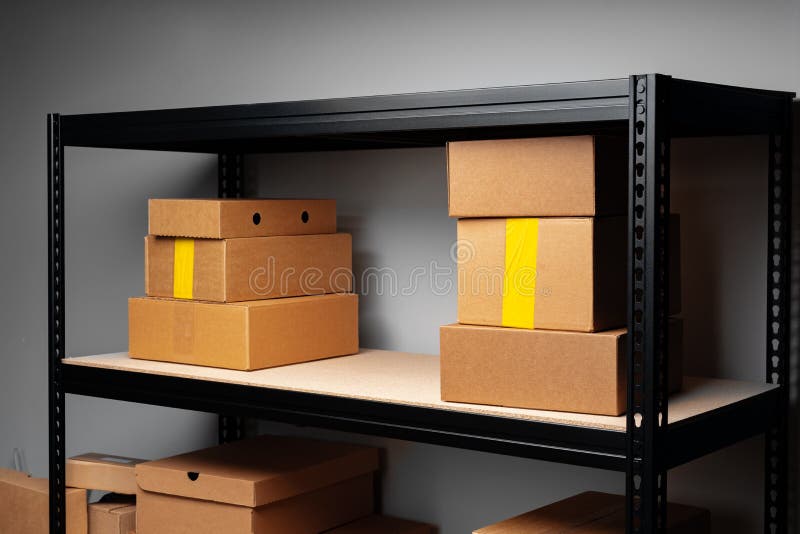 Rack Shelves with Paper Boxes in Warehouse. Stock Image Image of