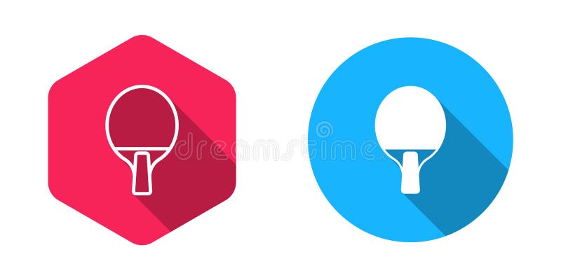Racket für Tischtennis-Ikone, gefüllt und umrissen, isoliert mit langem Schattenhintergrund. Vector.