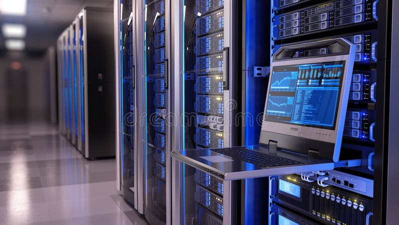 Rackmount LED console in server room data center royalty free stock photo