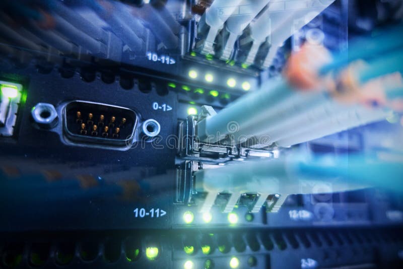 Racks optical fiber. Fiber optic equipment in a data center. stock photos