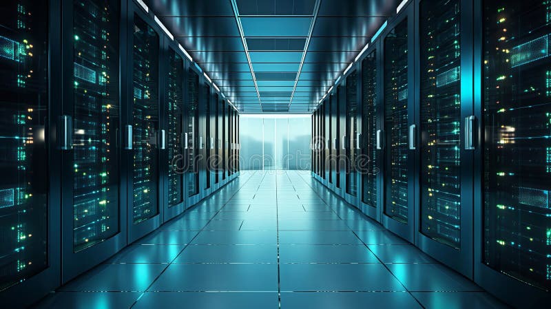 Rackuri de server în camera serverului de securitate a rețelei computerizate. ai generativ royalty free illustration