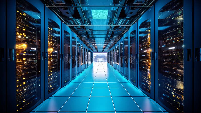 Rackuri de server în camera serverului de securitate a rețelei computerizate. ai generativ royalty free illustration