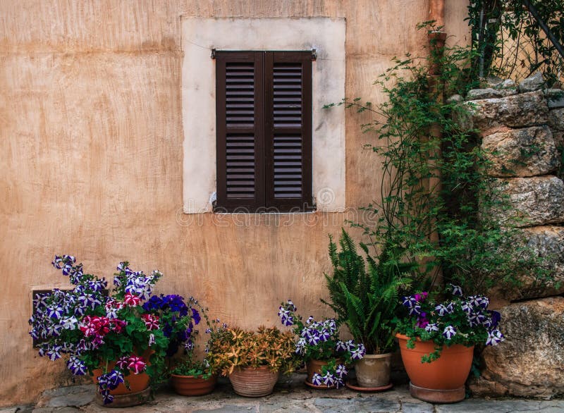 Rad av krukor med kulöra blommor på en stenvägg med stängd med fönsterluckor fönsterbakgrund royaltyfria bilder Rad av krukor med kulöra blommor på en stenvägg med stängd med fönsterluckor fönsterbakgrund royaltyfria bilder