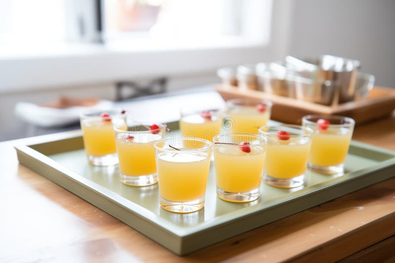 rows of whiskey sours prepared for party, on serving tray, created with generative ai AI generated. rows of whiskey sours prepared for party, on serving tray, created with generative ai AI generated