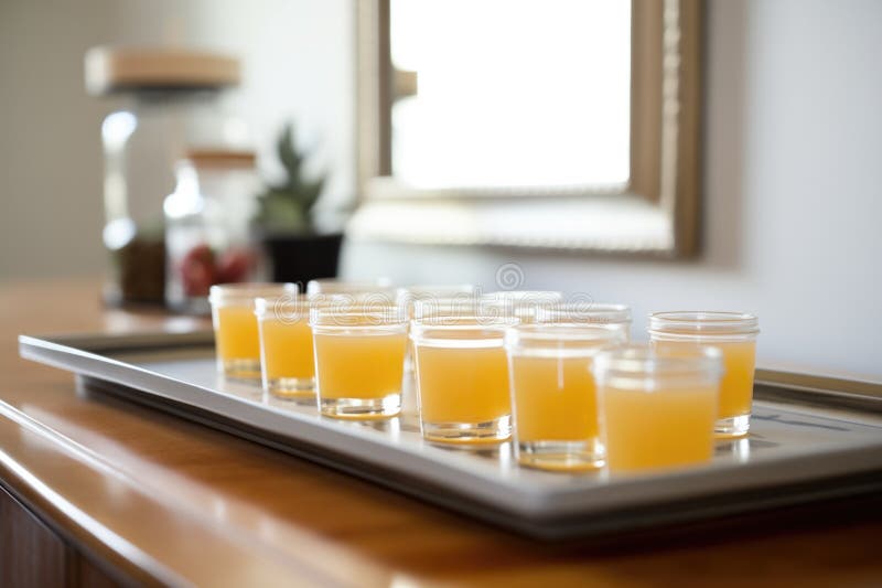 rows of whiskey sours prepared for party, on serving tray, created with generative ai AI generated. rows of whiskey sours prepared for party, on serving tray, created with generative ai AI generated