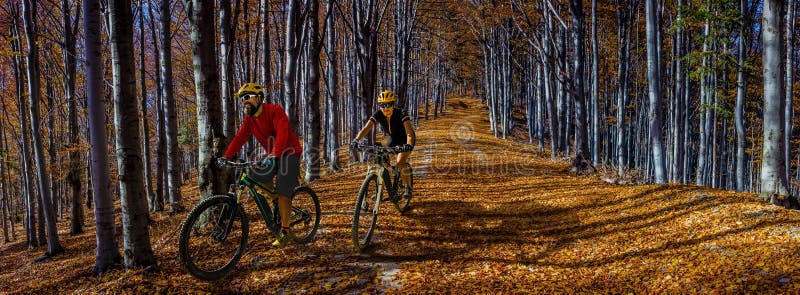 Cycling, mountain biker couple on cycle trail in autumn forest. Mountain biking in autumn landscape forest. Man and woman cycling MTB flow uphill trail. Cycling, mountain biker couple on cycle trail in autumn forest. Mountain biking in autumn landscape forest. Man and woman cycling MTB flow uphill trail