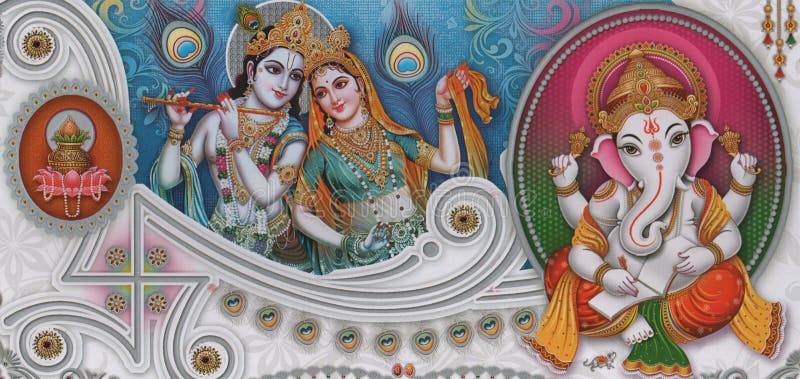 Radha krishna i ganesha piękna tapeta renderująca ilustrację tapeta na ścianie plakat.