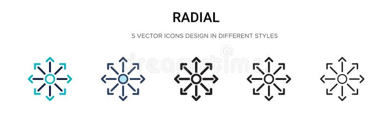 Radial icon in filled, thin line, outline and stroke style. Vector illustration of two colored and black radial vector icons royalty free illustration