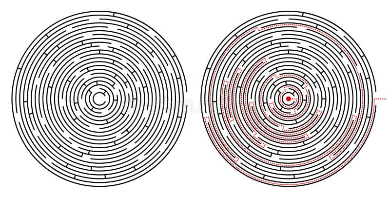 Radial labyrinth maze vector design, children game to play.