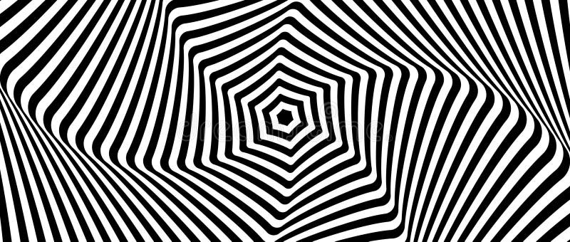 Radial optical illusion background. Black and white abstract distorted lines surface. Hypnotic poster design. Rotating royalty free illustration