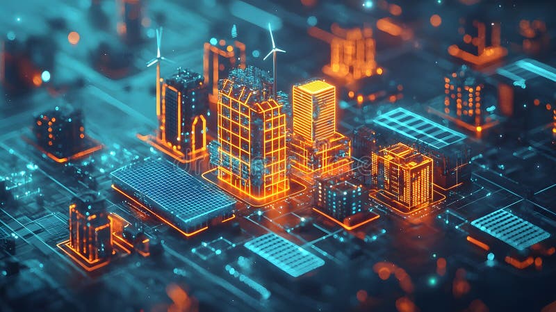 Radiant Abstract Cityscape with Glowing Energy stock illustration