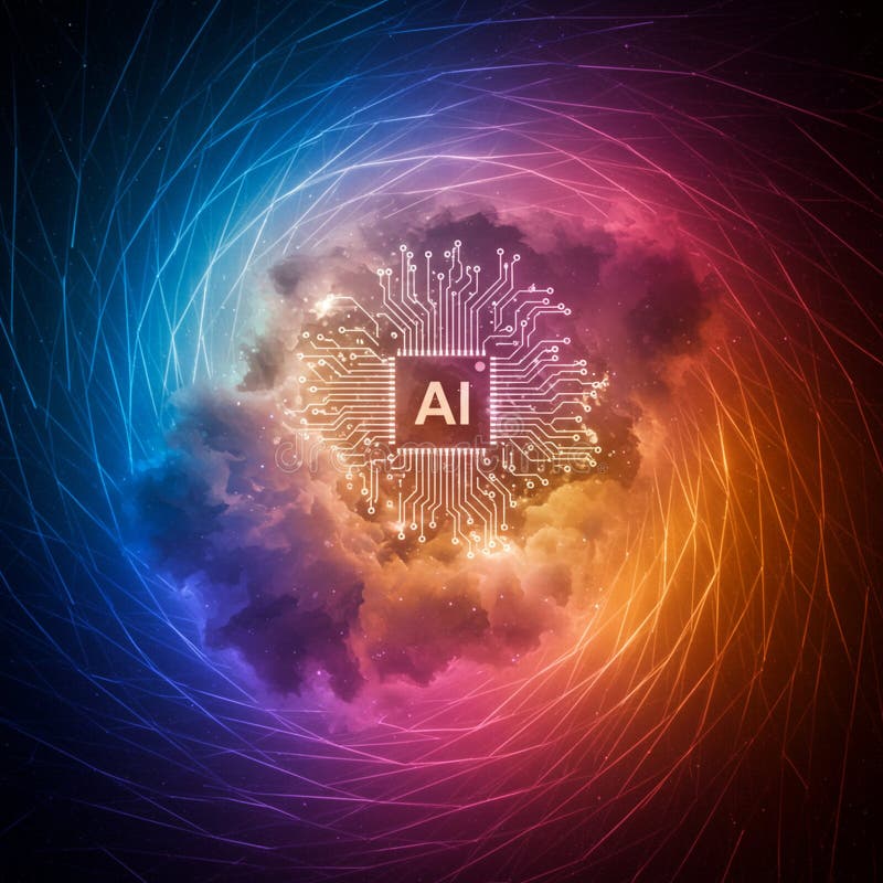Radiant digital artwork featuring a central \'AI\' symbol surrounded by intricate circuitry stock illustration