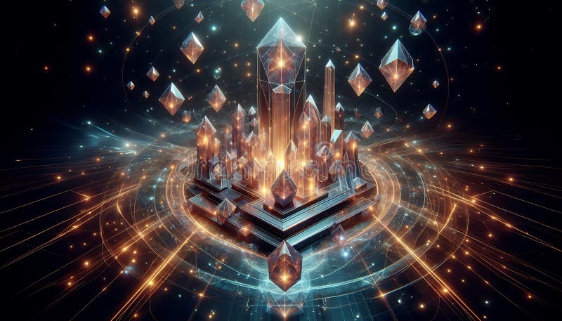 Radiant glowing crystal structures arranged in geometric shapes, floating in a cosmic space environment royalty free illustration
